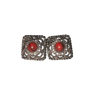 Sarah Coventry Vintage Red Cabochon Filigree Screw Back Earrings J41